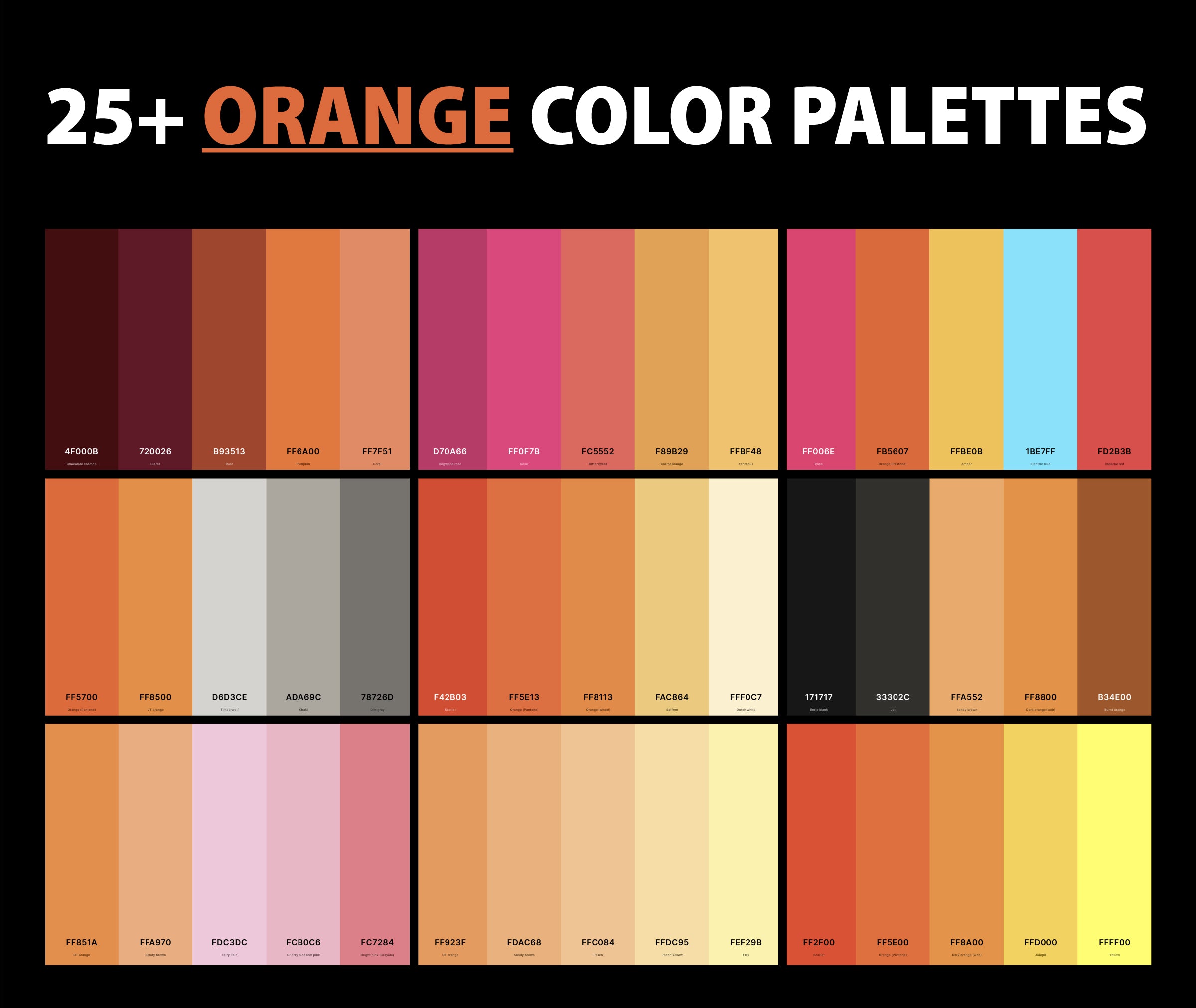 100+ Shades of Orange Color (Names, HEX, RGB, & CMYK Codes)  Orange color  shades, Shades of orange, Orange color palettes