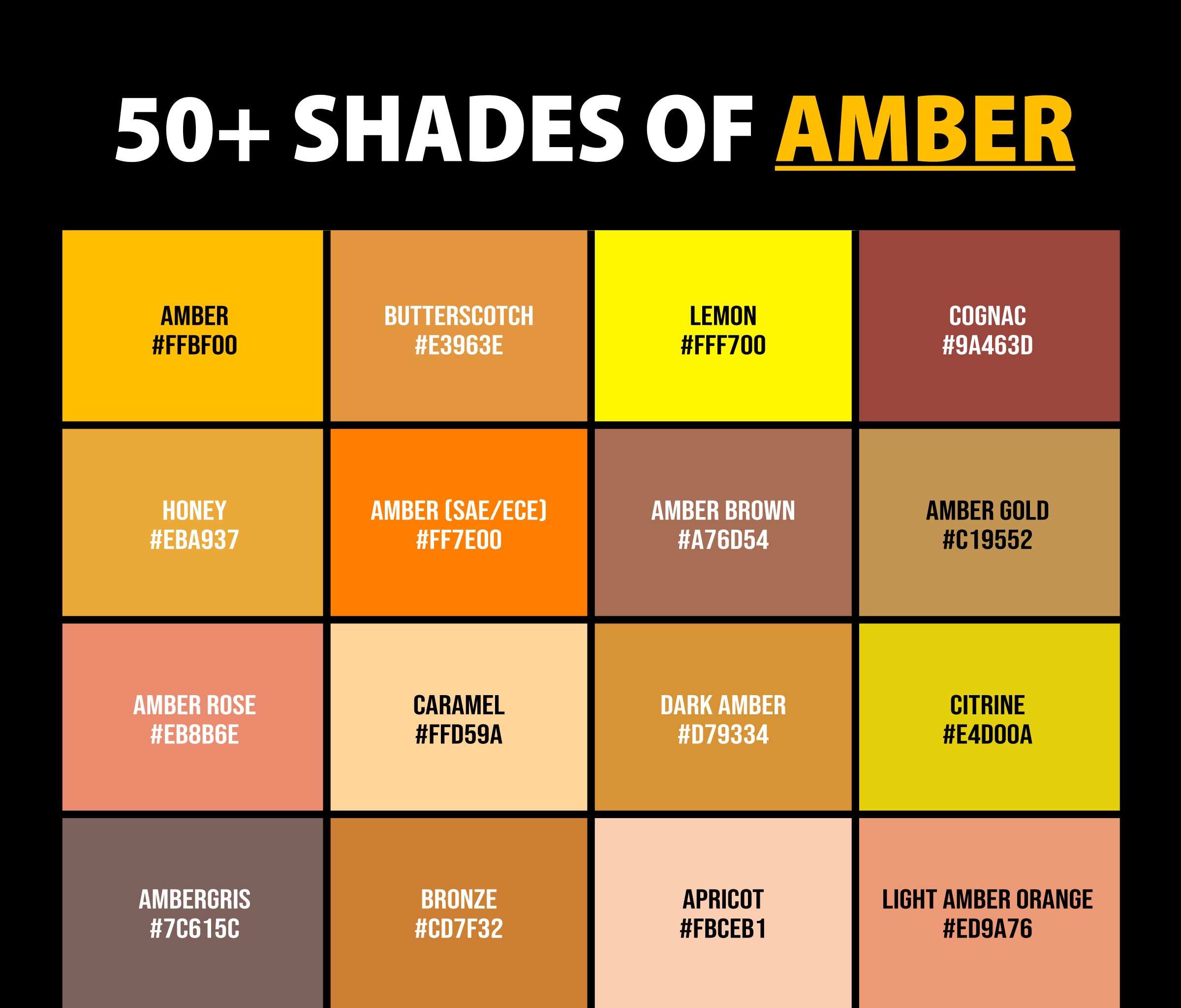 50+ Shades of Amber Color (Names, HEX, RGB, & CMYK Codes) CreativeBooster