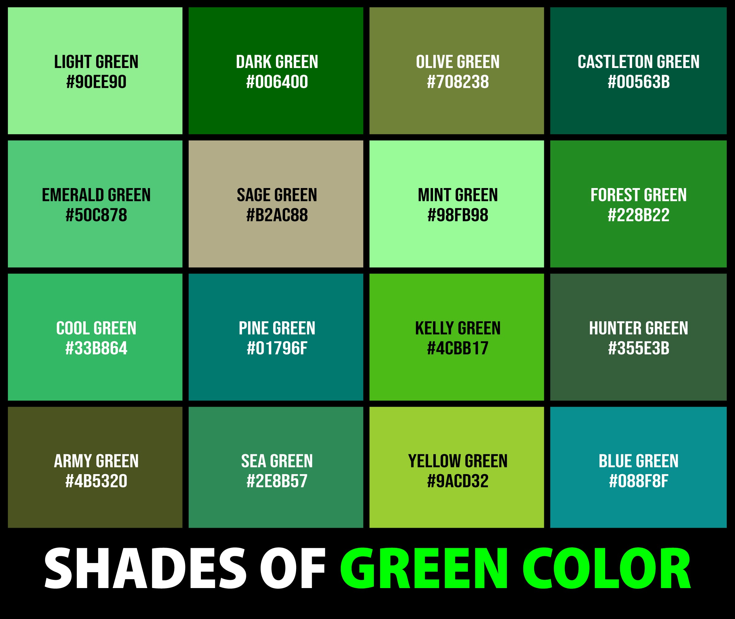 237+ Shades of Green Color (Names, HEX, RGB, & CMYK Codes