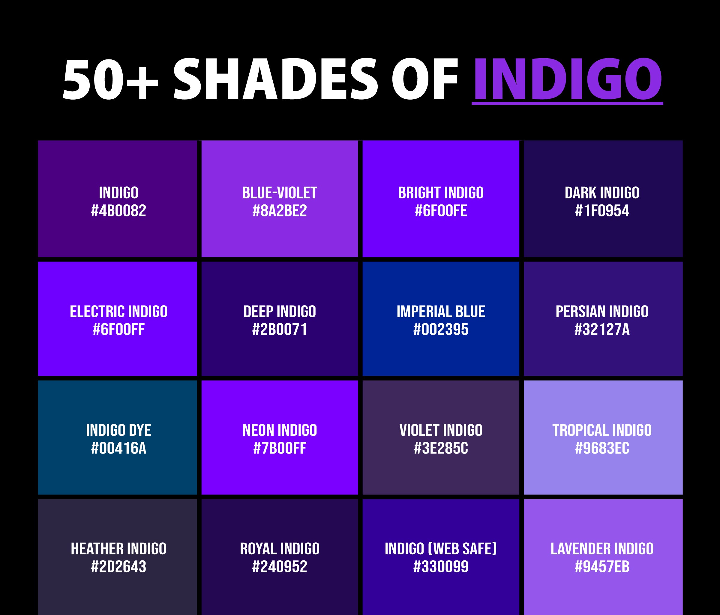 50+ Shades of Indigo Color (Names, HEX, RGB, & CMYK Codes) – CreativeBooster