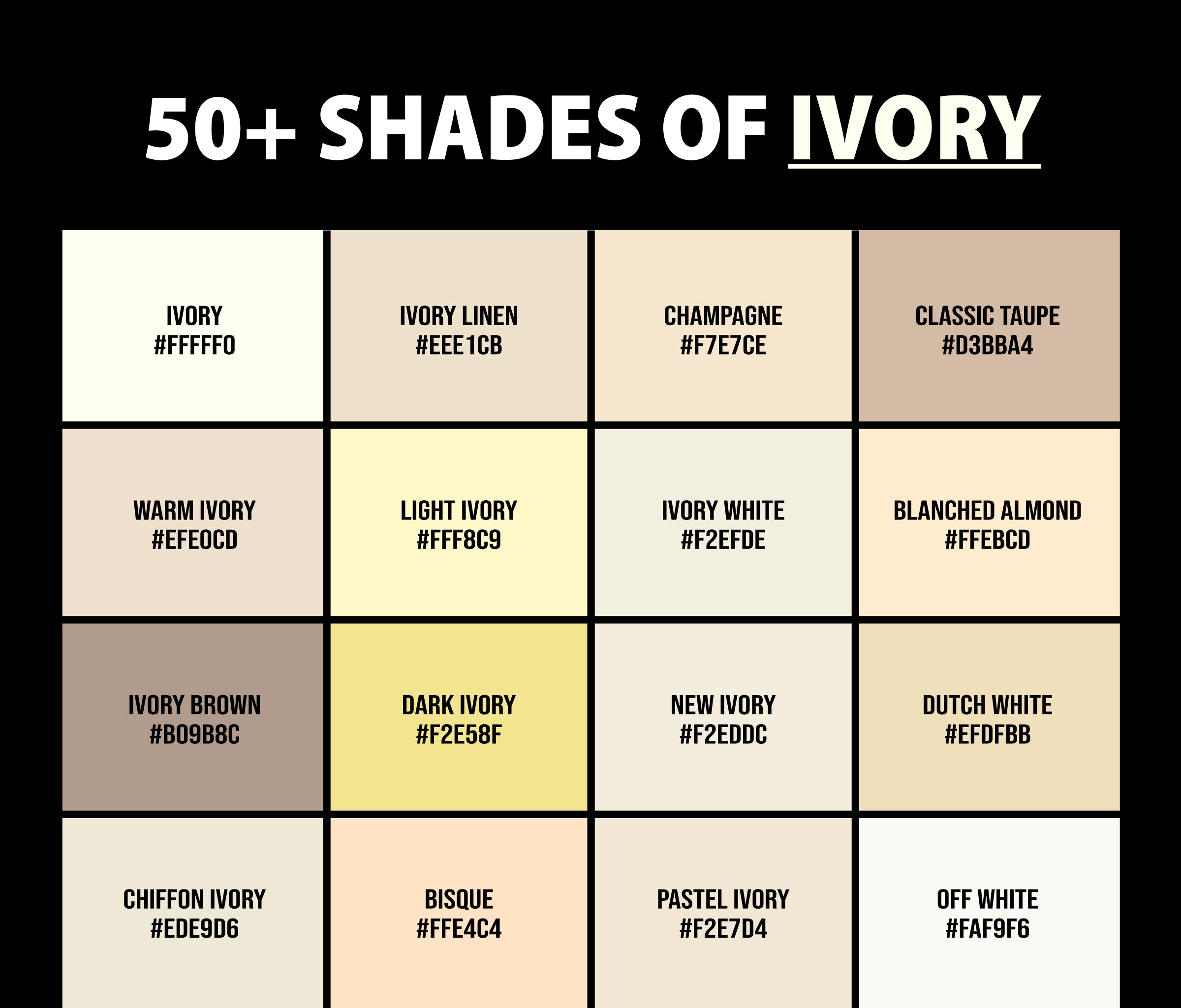 50+ Shades of Ivory Color (Names, HEX, RGB, & CMYK Codes
