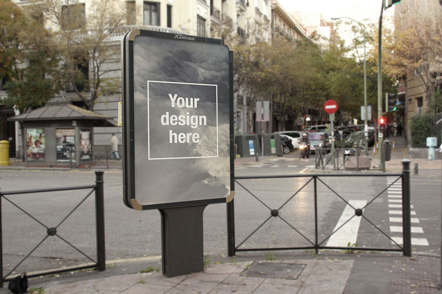 Free Outdoor Advertising Sign in Street PSD Mockup