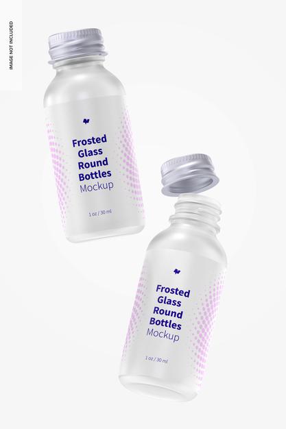 Free 1 Oz Frosted Glass Round Bottles Mockup, Falling Psd