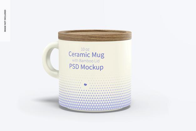 Free 10 Oz Ceramic Mug With Bamboo Lid Mockup Psd