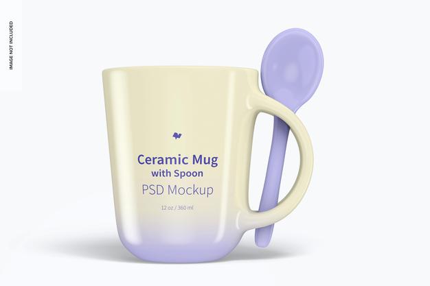 Free 12 Oz Ceramic Mug With Spoon Mockup Psd