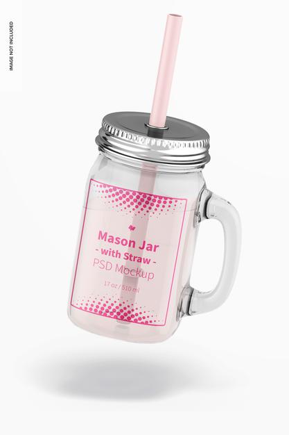 Free 17 Oz Mason Jar With Straw Mockup, Floating Psd
