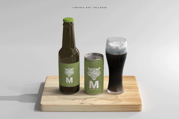 Free 180Ml Mini Soda Or Beer Can And Bottle With Water Drops Mockups Psd