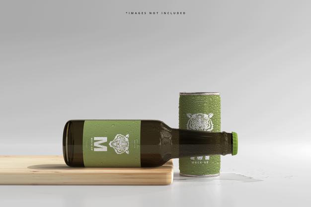 Free 180Ml Mini Soda Or Beer Can And Bottle With Water Drops Mockups Psd
