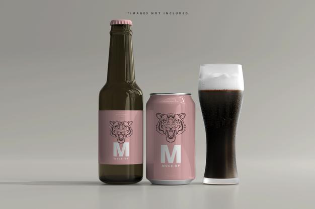 Free 330Ml Medium Size Soda Or Beer Can And Bottle Mockup Psd