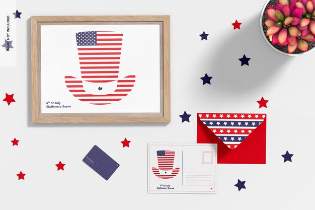 Free 4Th Of July Celebration Stationery Scene Mockup, Top View Psd