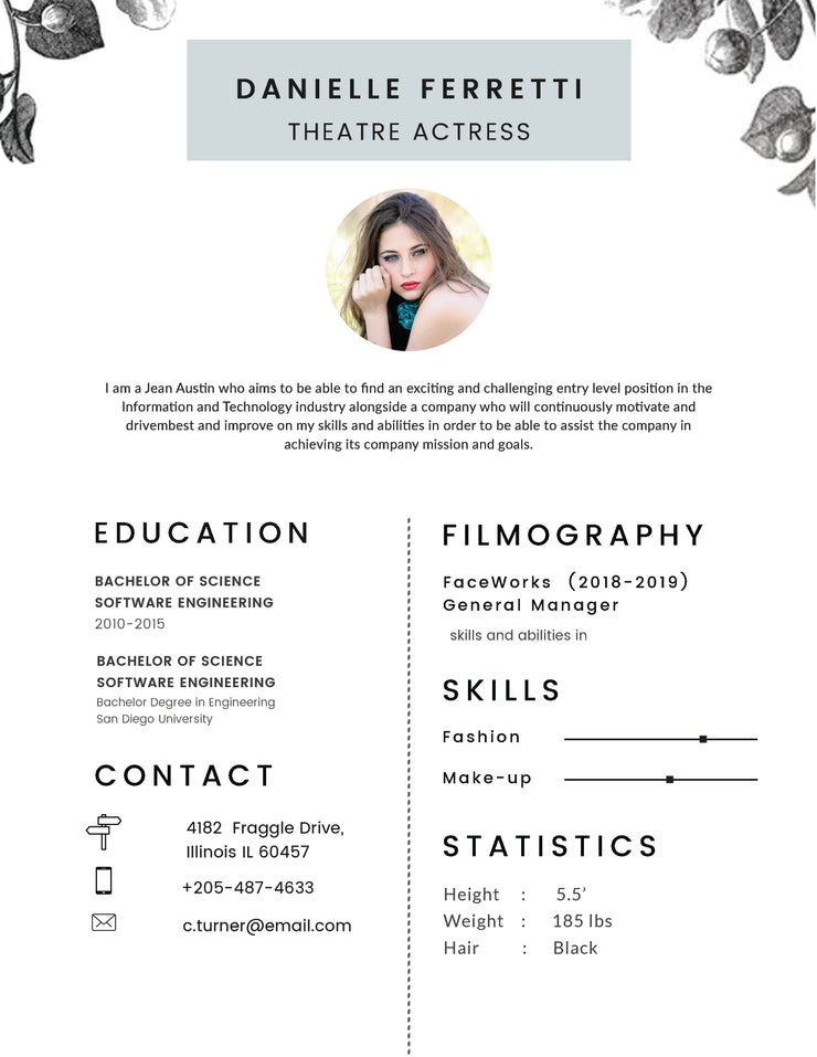 Free Theatre Actress Photo Resume CV Template in (PSD), Illu