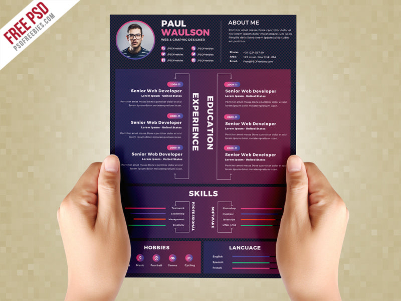 Free Creative Dark CV Resume Template in Photoshop (PSD) Format