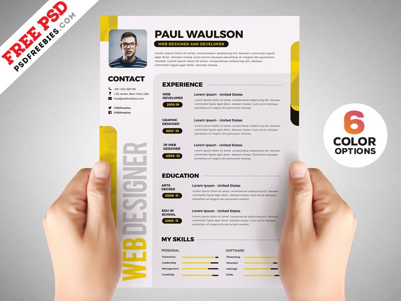 Free Designer Creative CV Resume Design Template in Photoshop (PSD) Format
