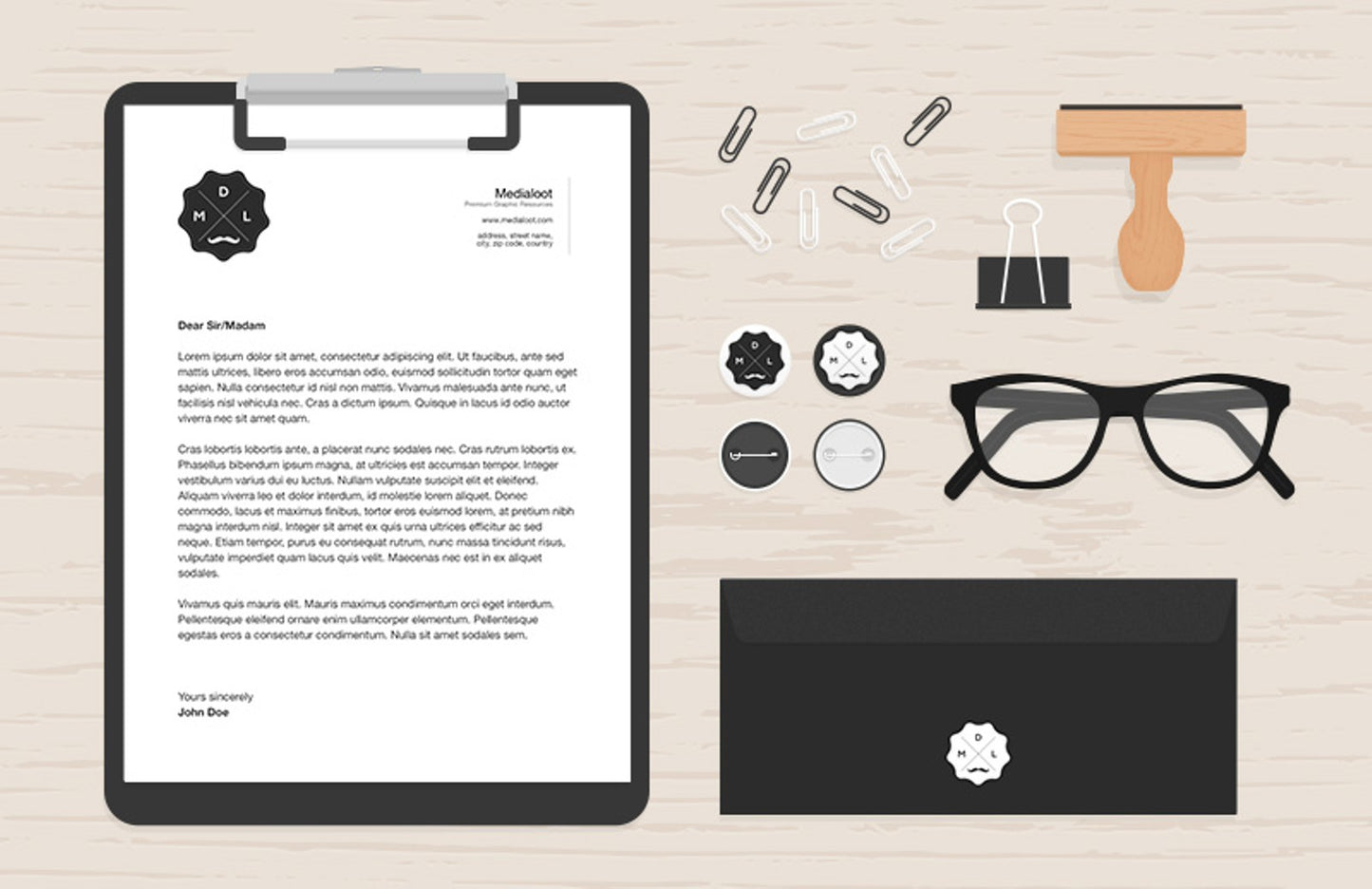 Free Flat Stationery and Office Desk Items Mockup