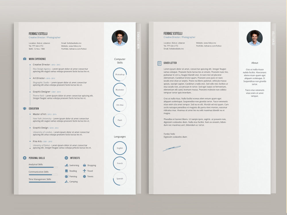 Free Creative Four Pages Resume CV Template with Cover Letter in Illustrator (AI) Format