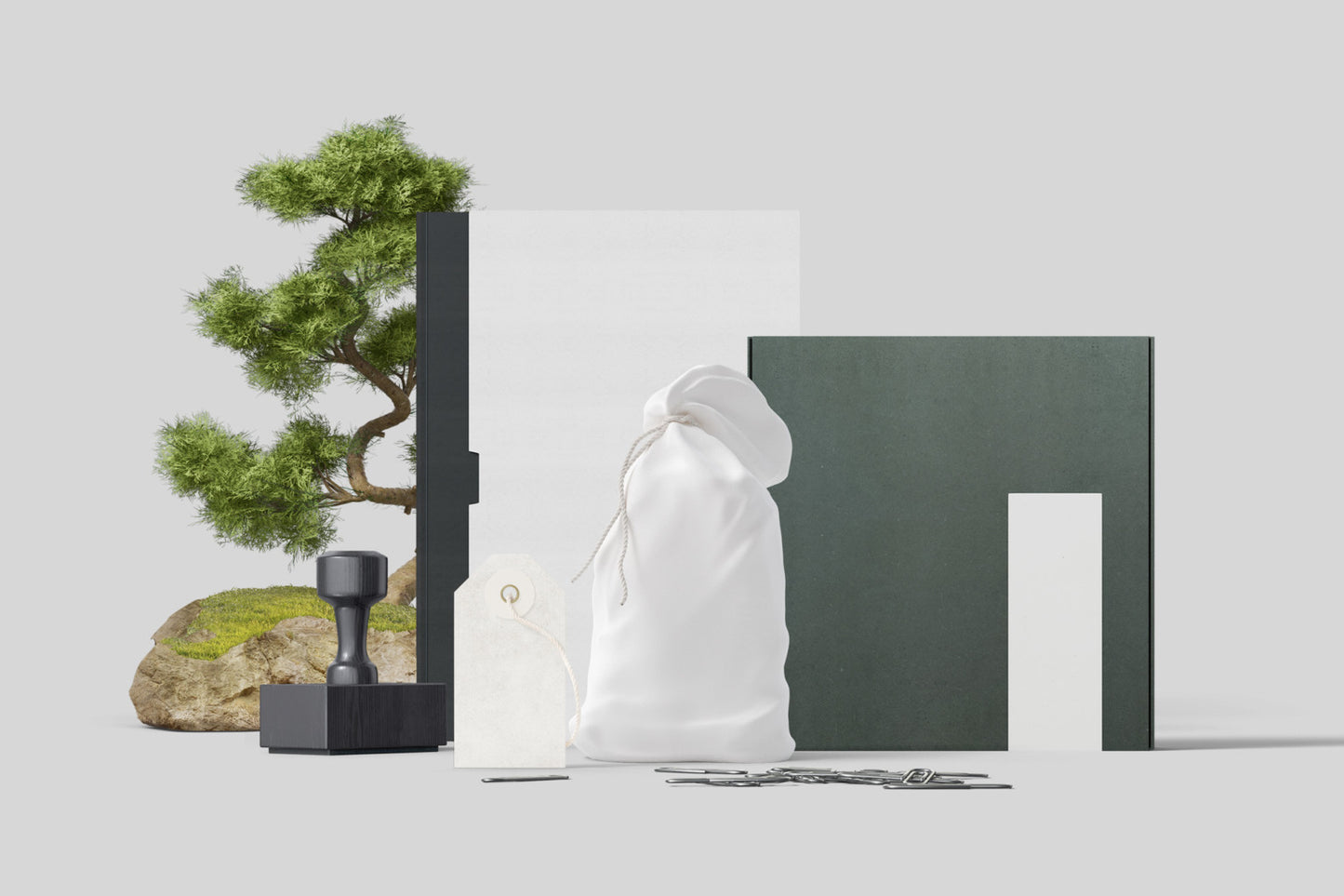 Free Branding Mockups Book, Tag, and Box in One Scne