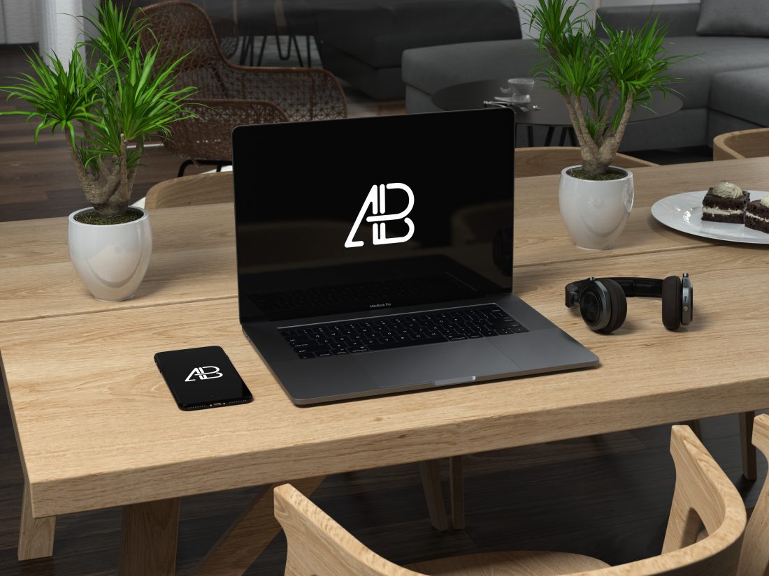 Free Black Macbook Pro PSD Mockup Office Design