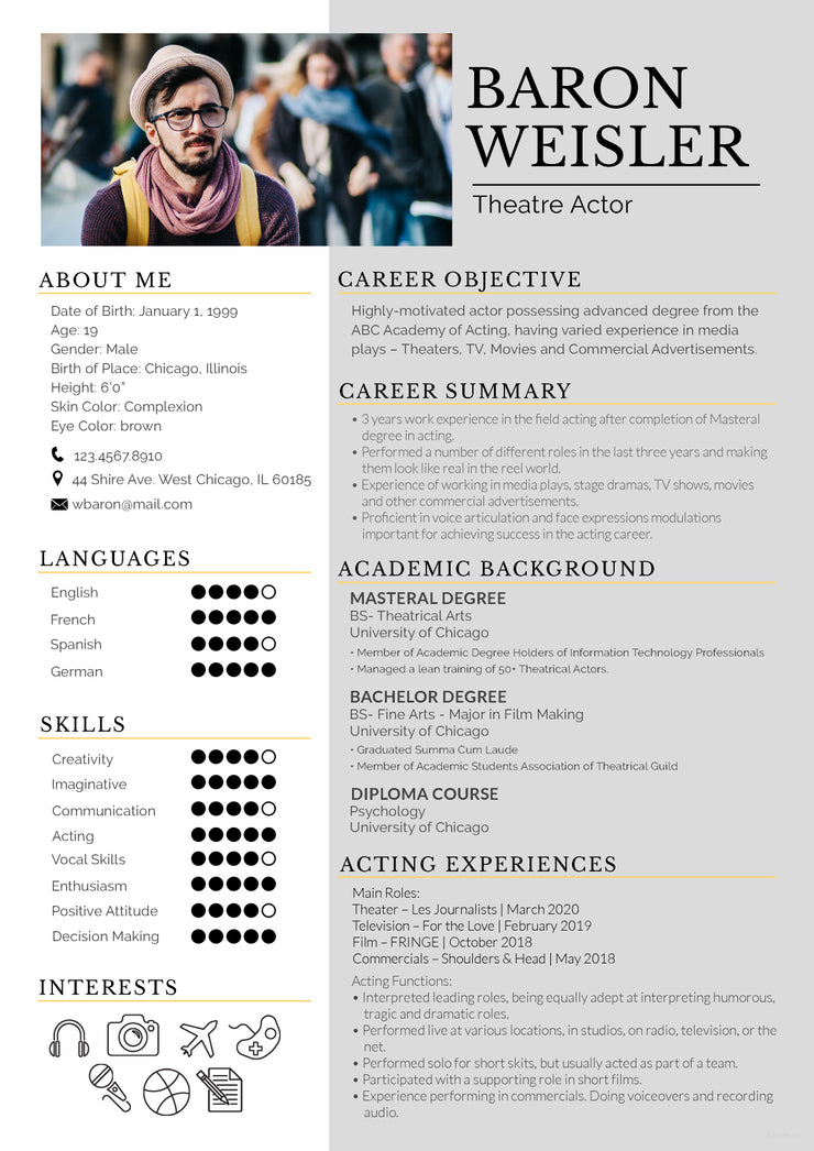 Free Theatre Resume CV Template in Photoshop (PSD) Format – CreativeBooster