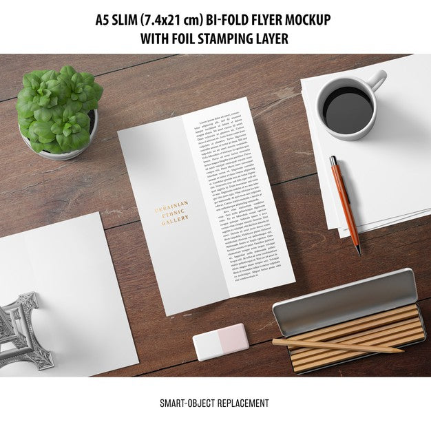 Free A5 Slim Bi-Fold Flyer Mockup Psd