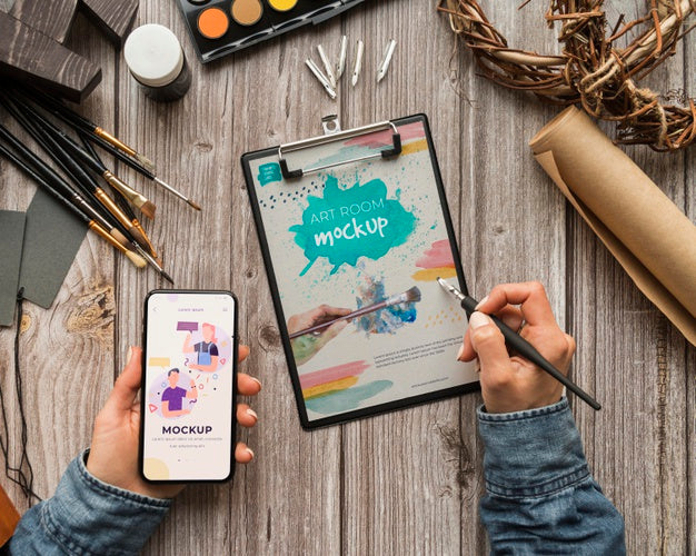 Free Acrylic Palette And Brushes Beside Clipboard Psd