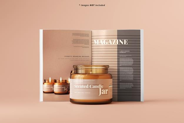 Free Amber Glass Candle Jar With Magazine Mockup Psd