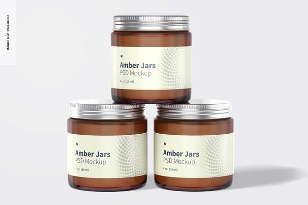 Free Amber Jars With Metallic Cap Mockup, Front View Psd