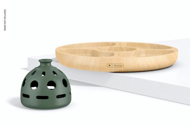 Free Bamboo Round Tray Mockup, On Podium Psd