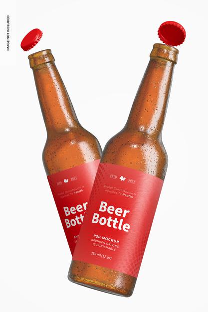 Free Beer Bottles Mockup, Floating Psd