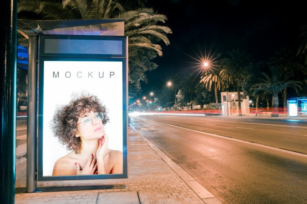 Free Billboard Mockup At Bus Stop At Night Psd