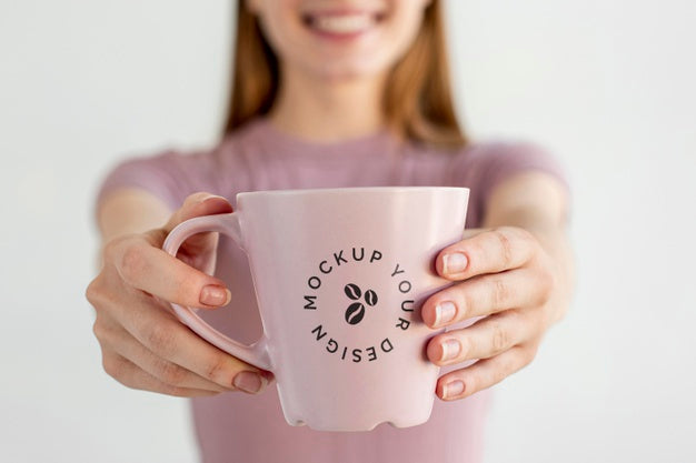 Free Blonde Woman With Coffee Mug Mock-Up Psd