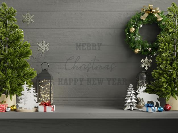 Free Christmas Mockup Dark Wall In Living Room Interior. Psd
