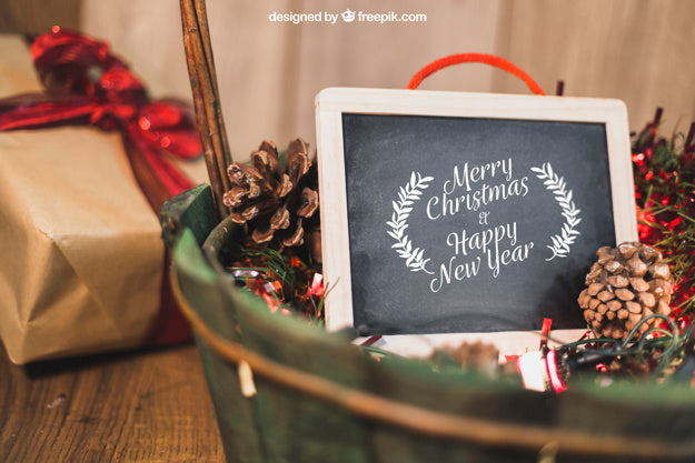 Free Christmas Mockup With Slate In Basket Psd