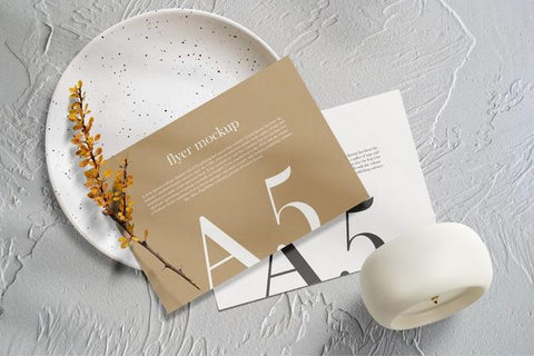 Free Clean Minimal A5 Flyer Mockup On Plate With Plant And Clock Background. Psd File. Psd