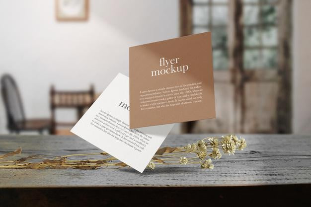 Free Clean Minimal Square Flyer Mockup Floating On Top Wooden With Dry Flower. Psd File. Psd