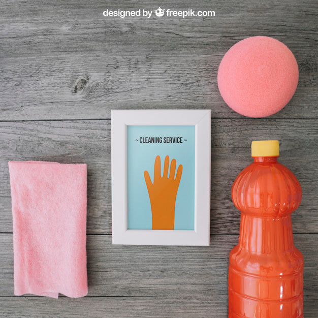 Free Cleaning Mockup With Frame And Cloth Psd