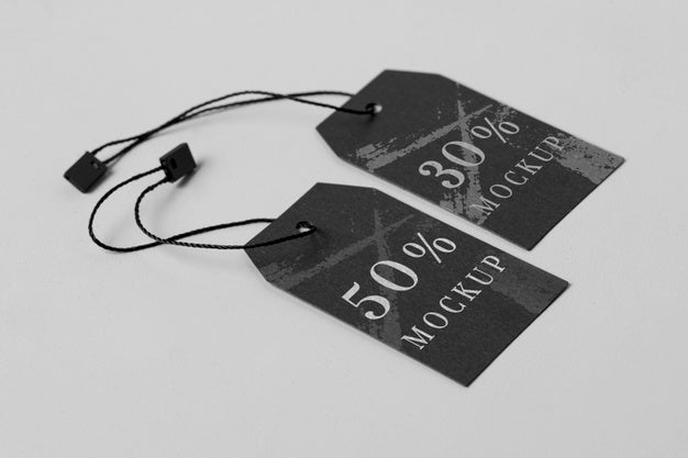 Free Clothing Modern Black Tag Mock-Up High View Psd