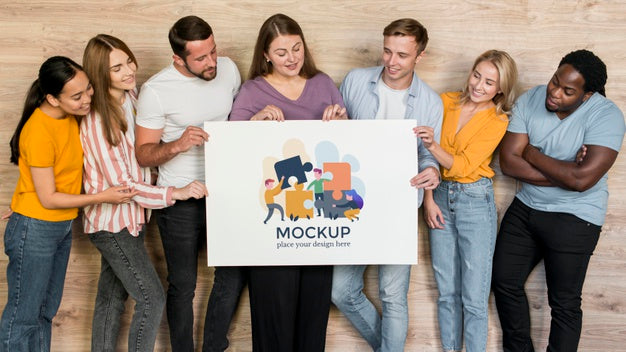 Free Community Mockup With Group Of People Holding Banner Mockup Psd