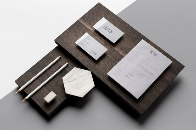 Free Composition Of Mock-Up Stationery On Wood Psd