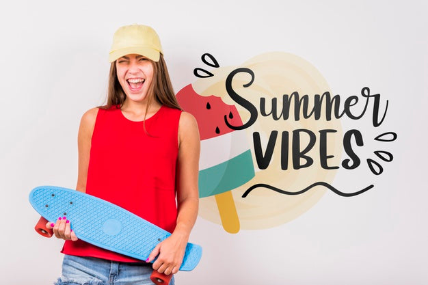 Free Copyspace Mockup For Summer With Joyful Woman Psd