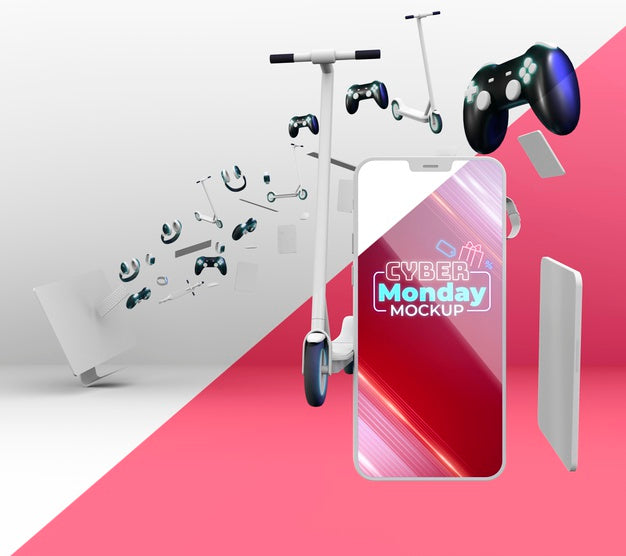 Free Cyber Monday Sale Assortment With Smart Phone Mock-Up Psd