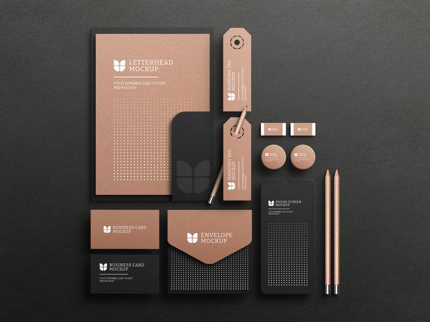 Free Dark Stationery Set With Kraft Paper Mockup Psd