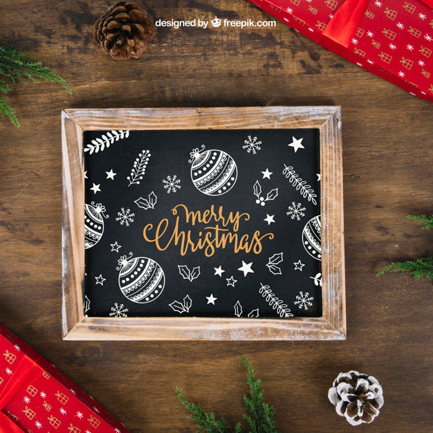 Free Decorative Christmas Mockup With Slate And Presents Psd