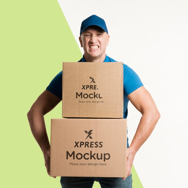 Free Delivery Man Holding Some Boxes Mock-Up Psd