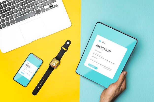 Free Different Devices On Desk Close-Up Psd