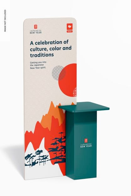 Free Display Stand With Table Mockup, Perspective View Psd