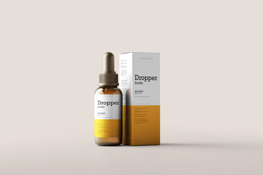Free Amber Glass Dropper Bottle and Box PSD Mockup Set