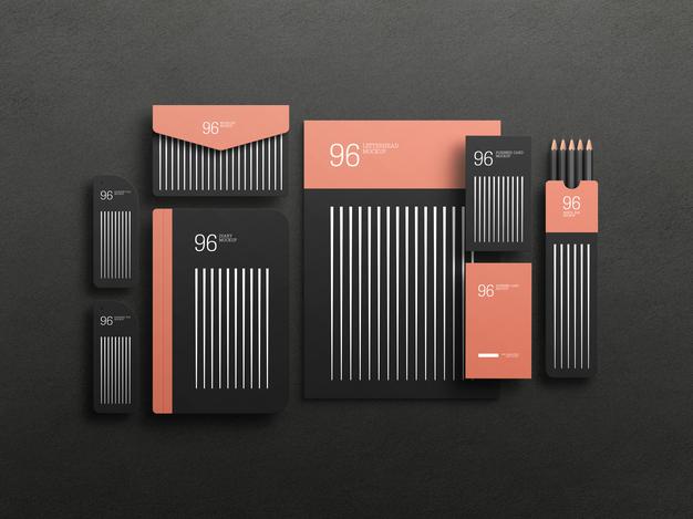 Free Elegant Black Stationary Set Mockup Psd