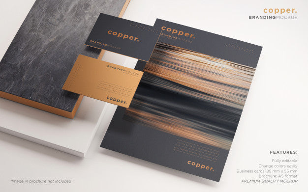 Free Elegant Branding Stationery Psd Mockup In Dark And Copper Psd