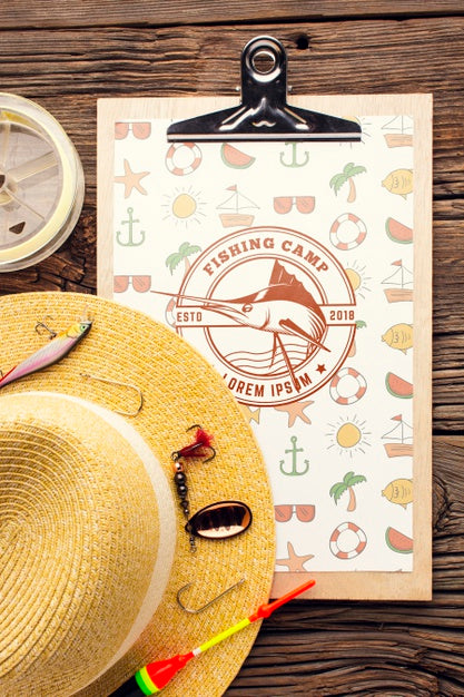 Free Fishing Accessories Mock-Up And Summer Hat Psd