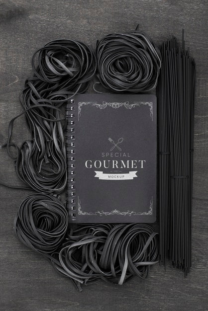 Free Flat Lay Arrangement Of Dark Spaghetti Mock-Up Psd